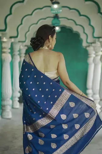 Blue linen slub jaquard designer saree with blouse