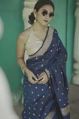 Blue linen slub jaquard designer saree with blouse