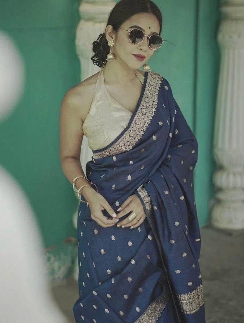 Blue soft linen slub jacuard work designer saree with blouse