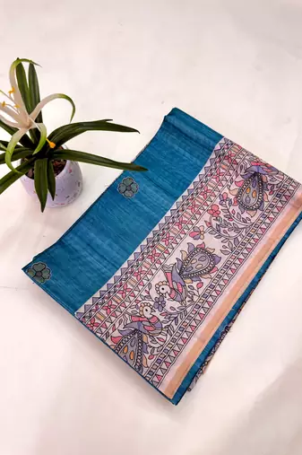 sky blue color tussar art silk saree with blouse