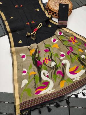  black color linen art silk saree with blouse 2