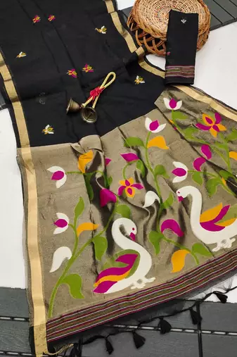  black color linen art silk saree with blouse