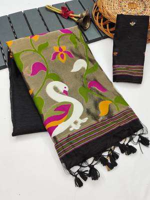  black color linen art silk saree with blouse 3