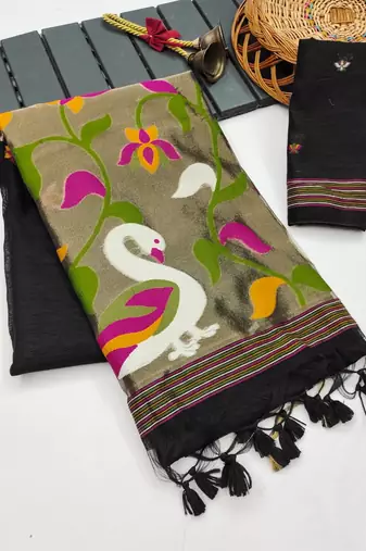  black color linen art silk saree with blouse