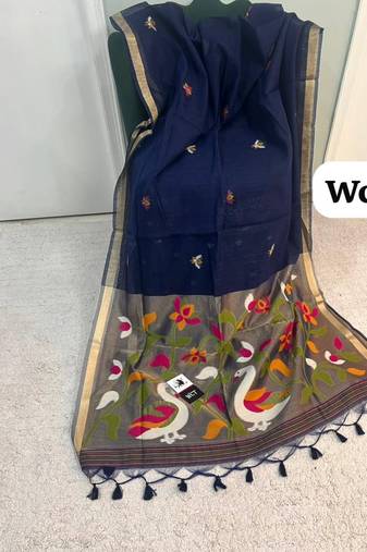  blue color linen art silk saree with blouse