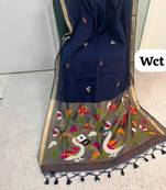  blue color linen art silk saree with blouse