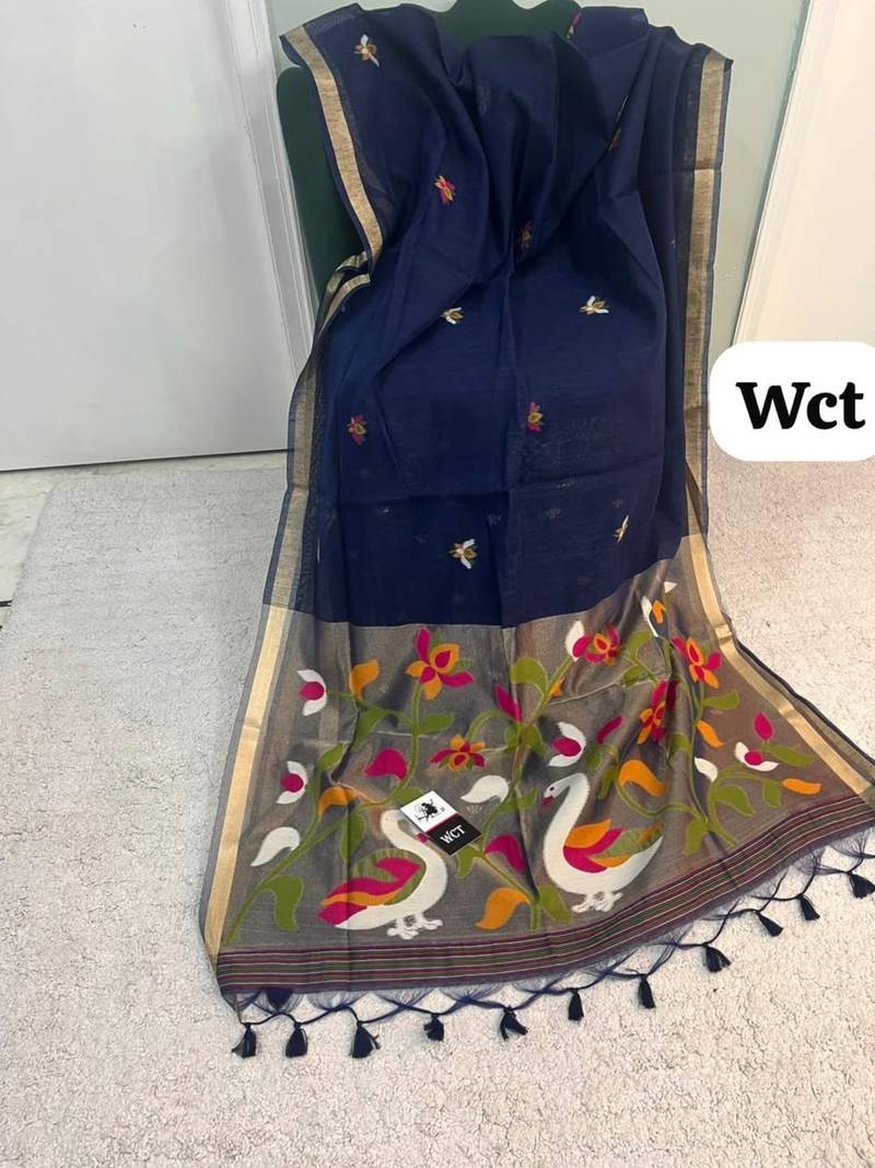  blue color linen art silk saree with blouse