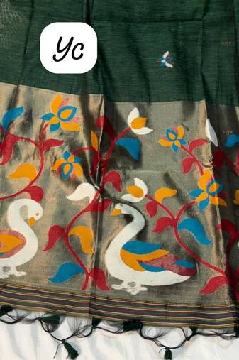  green color linen art silk saree with blouse