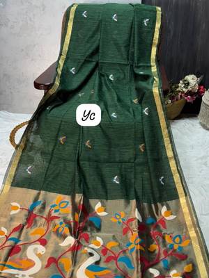  green color linen art silk saree with blouse 2