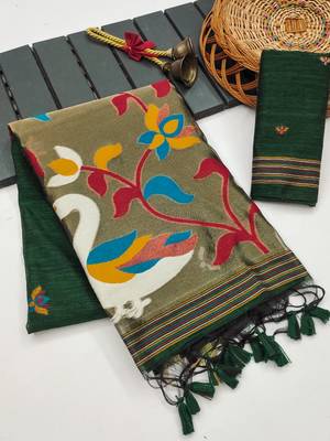  green color linen art silk saree with blouse 3