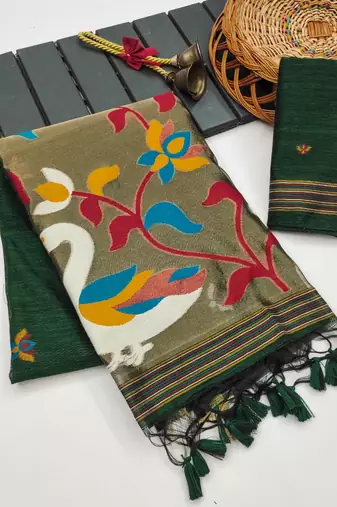 green color linen art silk saree with blouse