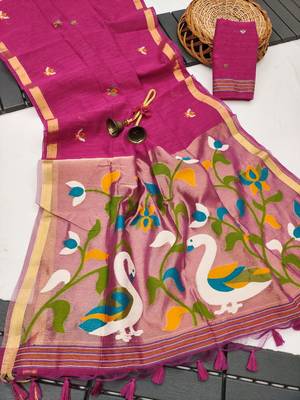  pink color linen art silk saree with blouse 1