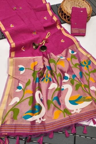  pink color linen art silk saree with blouse