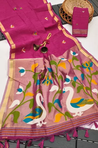 pink color linen art silk saree with blouse