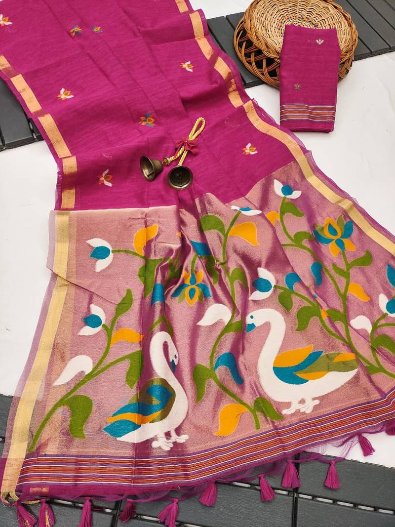  pink color linen art silk saree with blouse