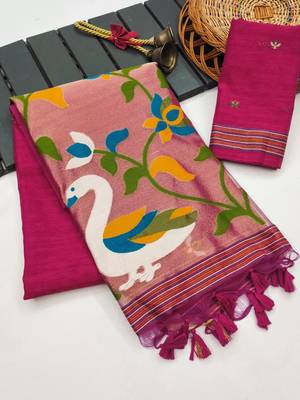  pink color linen art silk saree with blouse 3