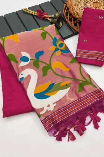  pink color linen art silk saree with blouse