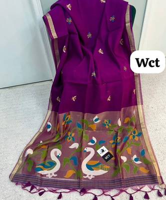  plum color linen art silk saree with blouse 1