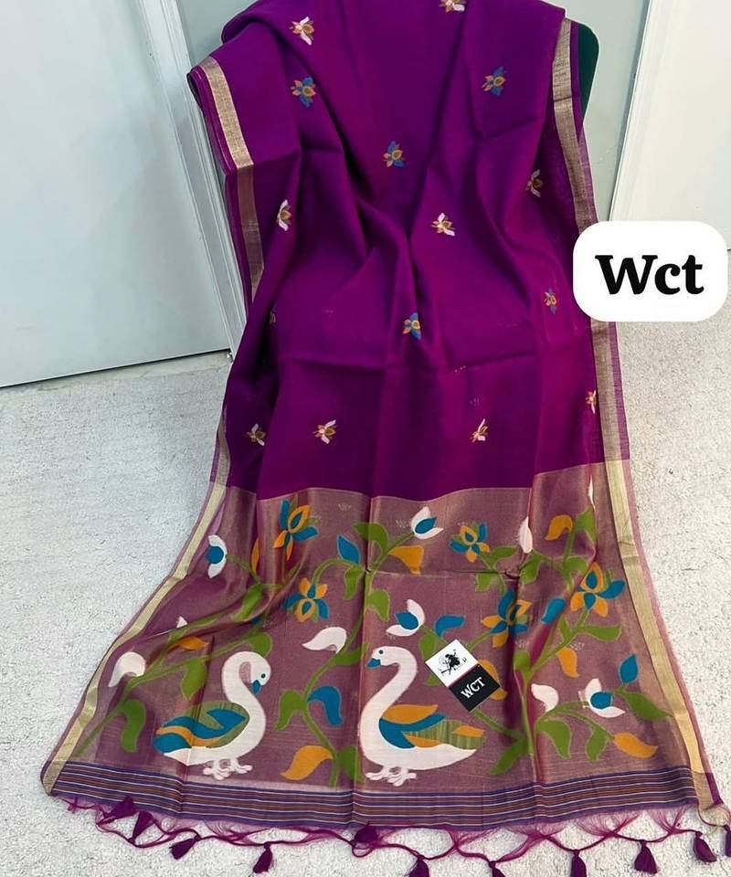  plum color linen art silk saree with blouse