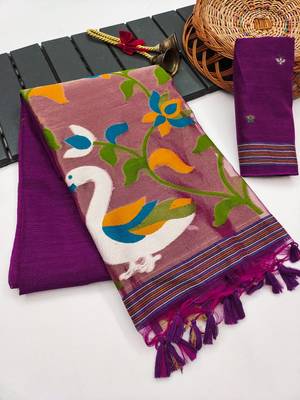  plum color linen art silk saree with blouse 3