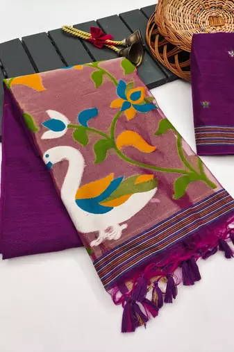  plum color linen art silk saree with blouse