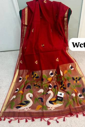  red color linen art silk saree with blouse