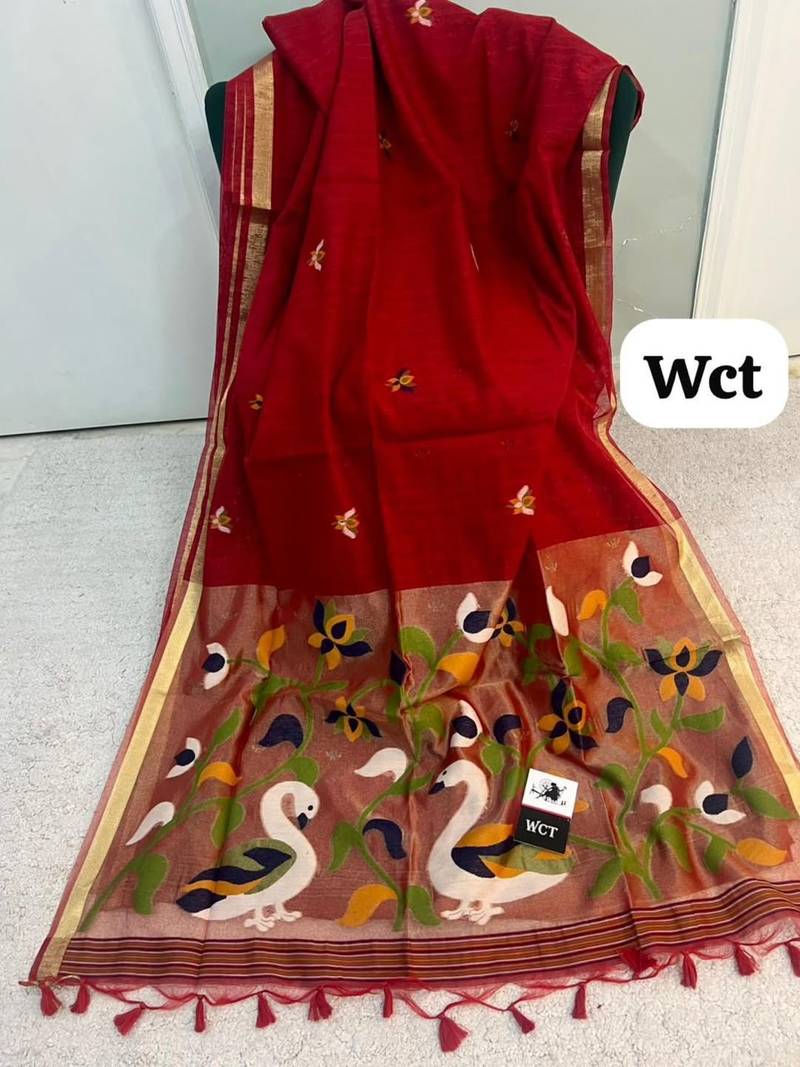  red color linen art silk saree with blouse