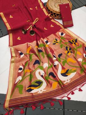  red color linen art silk saree with blouse 2