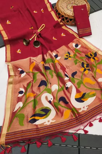  red color linen art silk saree with blouse