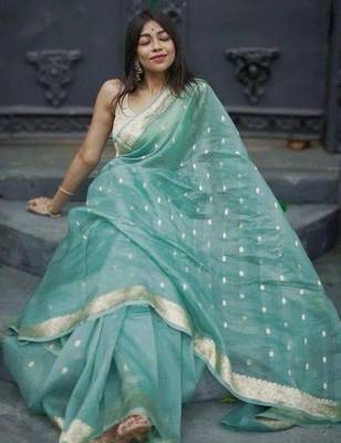 Sky blue linen slub jaquard designer saree with blouse 2