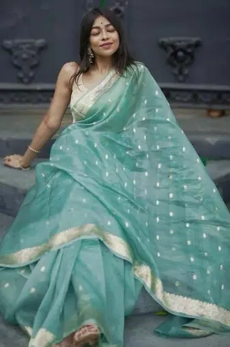 Sky blue linen slub jaquard designer saree with blouse
