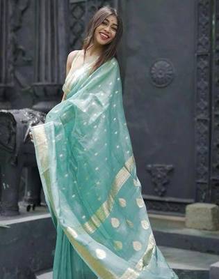 Sky blue linen slub jaquard designer saree with blouse 3