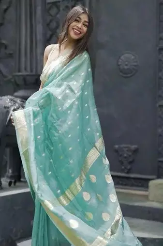 Sky blue linen slub jaquard designer saree with blouse