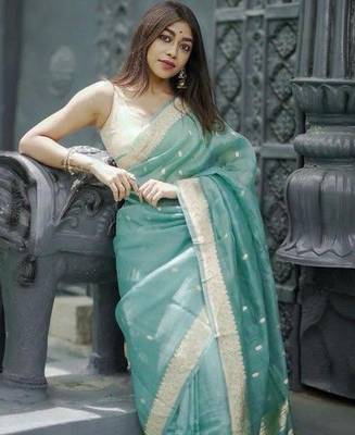 Sky blue linen slub jaquard designer saree with blouse 4