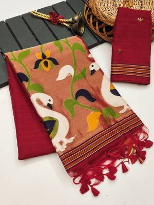  red color linen art silk saree with blouse 3