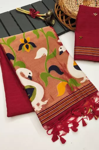  red color linen art silk saree with blouse