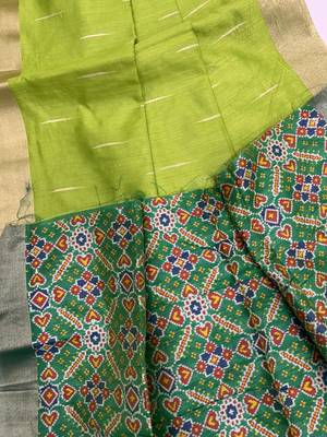 green color khadi art silk saree with contrast blouse 1