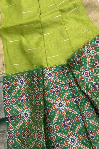 green color khadi art silk saree with contrast blouse