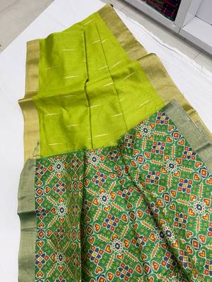 green color khadi art silk saree with contrast blouse 2