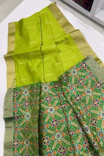 green color khadi art silk saree with contrast blouse