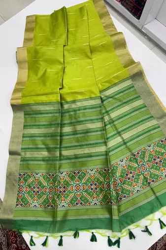 green color khadi art silk saree with contrast blouse