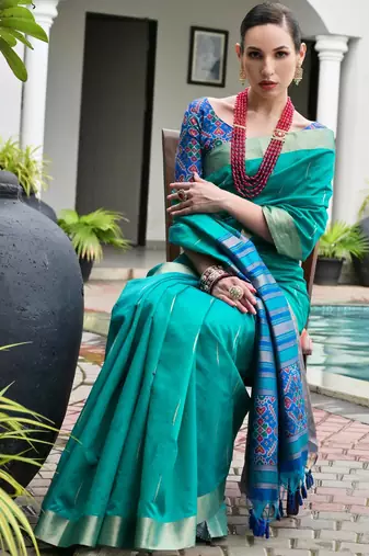 blue color khadi art silk saree with contrast blouse