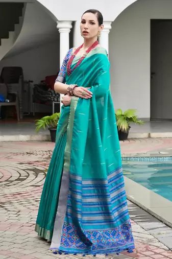 blue color khadi art silk saree with contrast blouse
