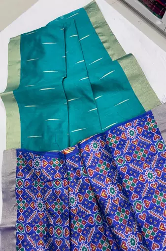 blue color khadi art silk saree with contrast blouse