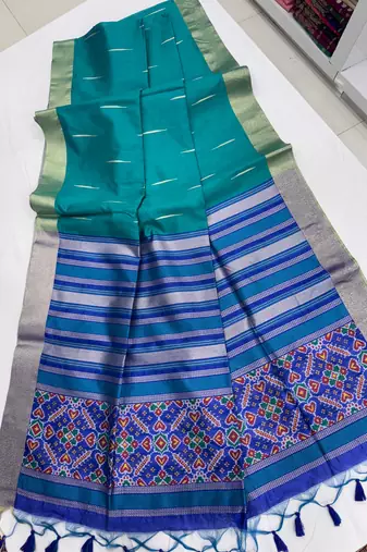 blue color khadi art silk saree with contrast blouse