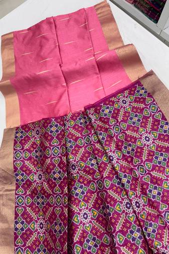pink color khadi art silk saree with contrast blouse