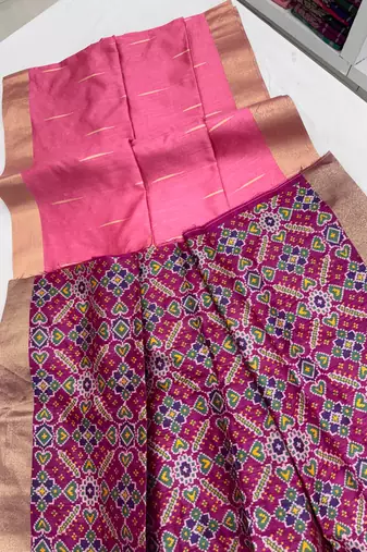 pink color khadi art silk saree with contrast blouse