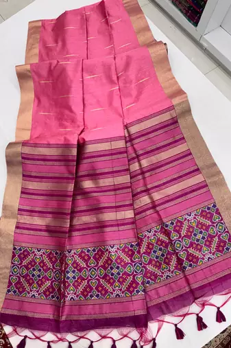 pink color khadi art silk saree with contrast blouse