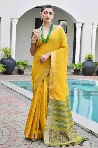 yellow color khadi art silk saree with contrast blouse