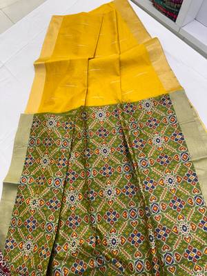 yellow color khadi art silk saree with contrast blouse 3